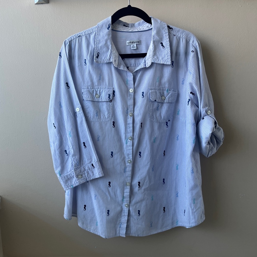Croft & Barrow White Shirt with Navy Stripes & Seahorse Embroidery-XL